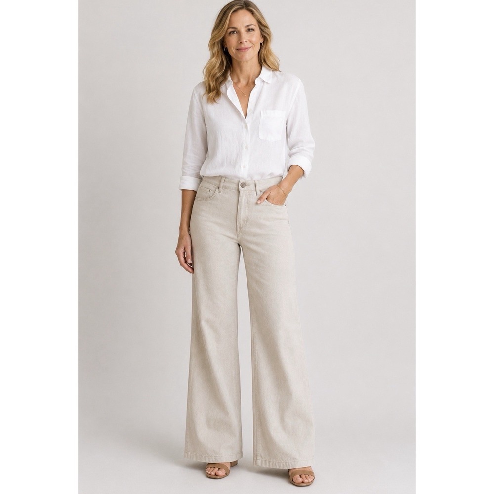 NEW! NYDJ 360 Curves Linen Blend Wide Leg Pants Tan Beige SZ 4